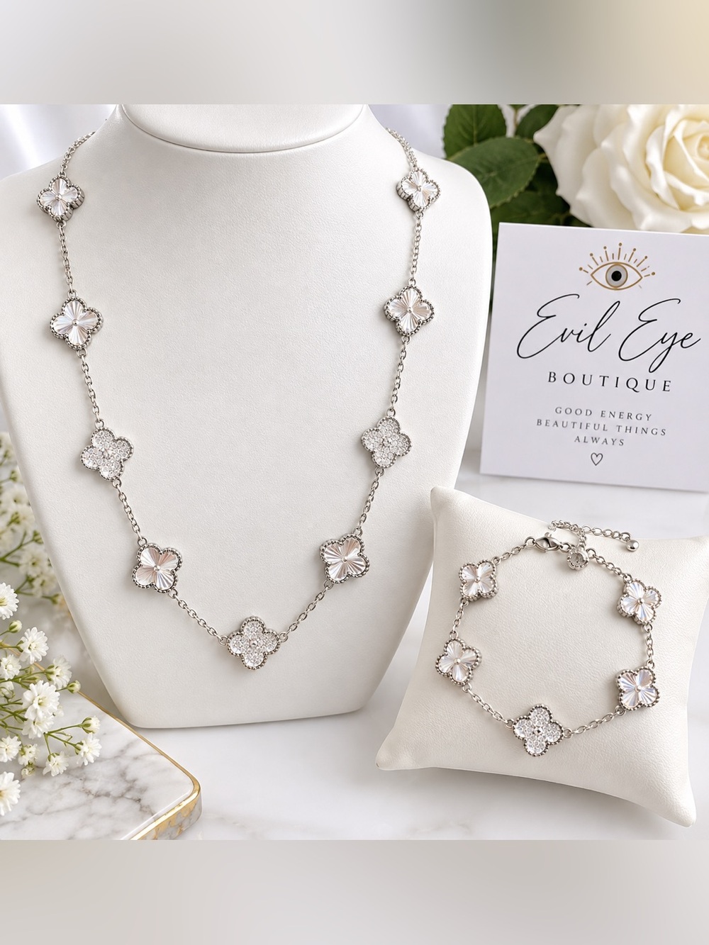 🍀Elegant Silver Clover Necklace and Bracelet Set - White Accents
